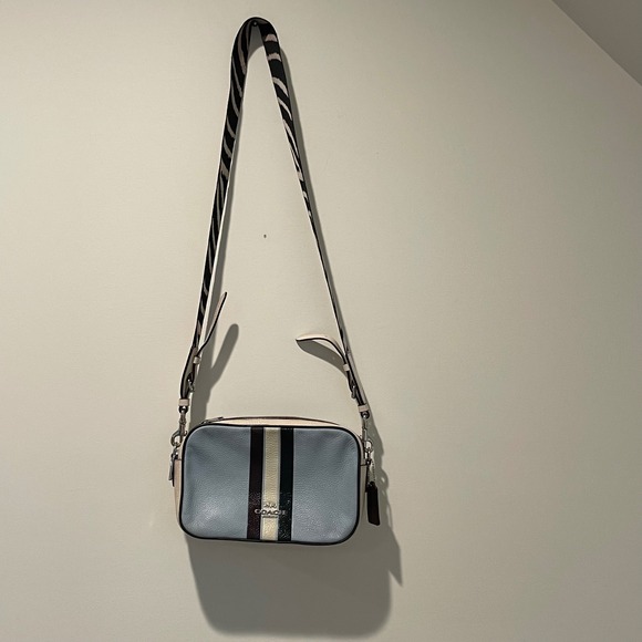 Coach Camera Bag Crossbody Purse Blue Stripe Leather Zebra Strap - Picture 1 of 14
